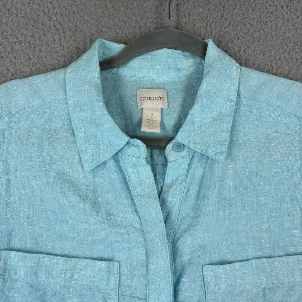 Chicos 100% Linen Tunic Dress Medium Aqua Beachy Coastal Resort Cruise Natural - Picture 2 of 12